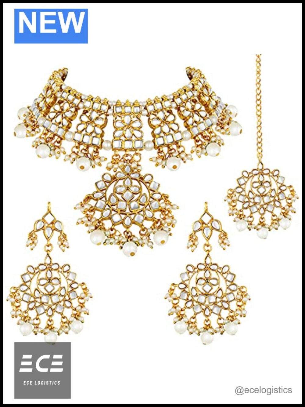Indian Kundan Necklace Earrings Maang Tikka Set Wedding Ethnic Jewelry